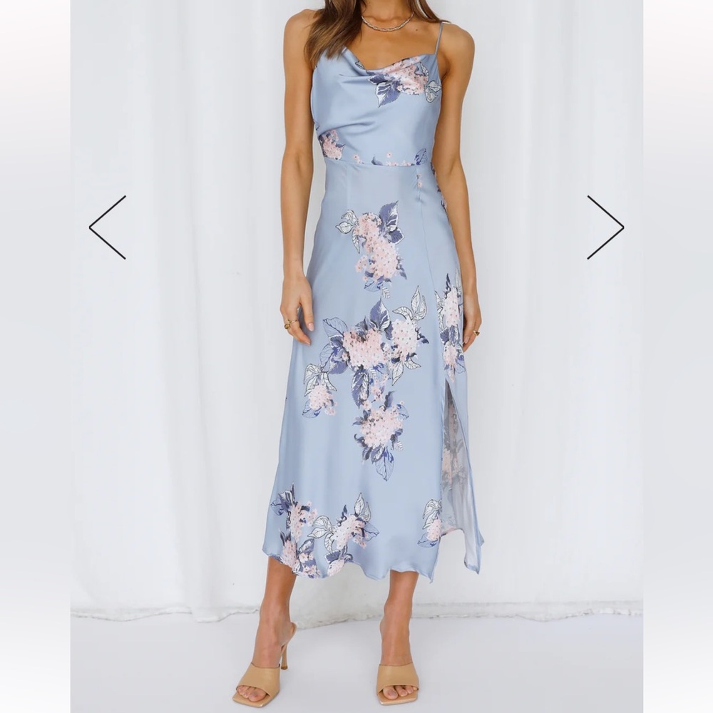 Blue floral midi dress with slit. Size Medium. Only worn once.